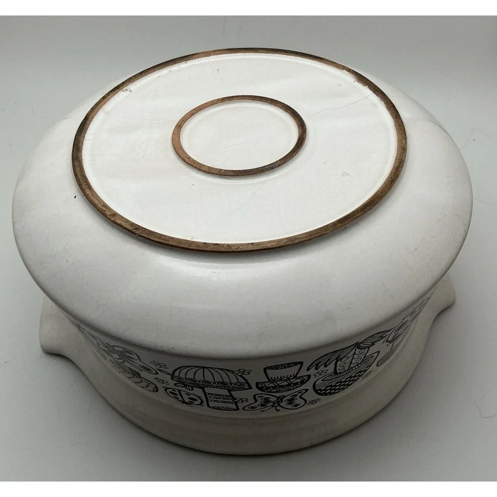 Vintage 70s Retro Stoneware Lidded Casserole 2Qt Mushrooms Black‎ White Crackle